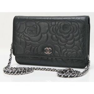 Auth CHANEL Black Camellia Pattern Leather Wallet on Chain Bag WOC 43425